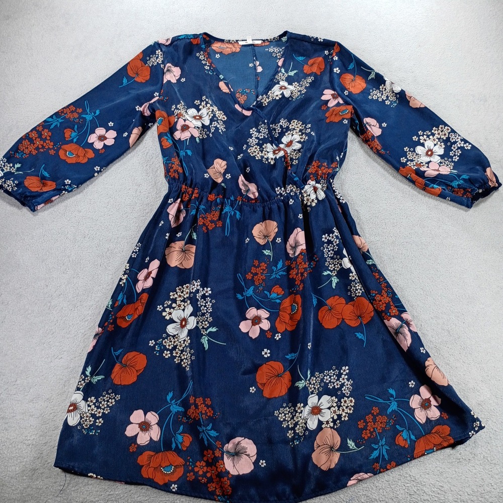 Maurices Women Floral Surplice V-Neck Dress Navy Blue S Elastic Waist